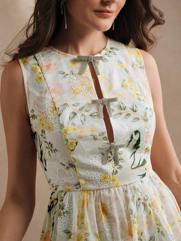 French Style Rhinestone Bow Brooch, Soft Ditsy Floral Fit & Flare Short Dress With Waist Cinching, Flattering