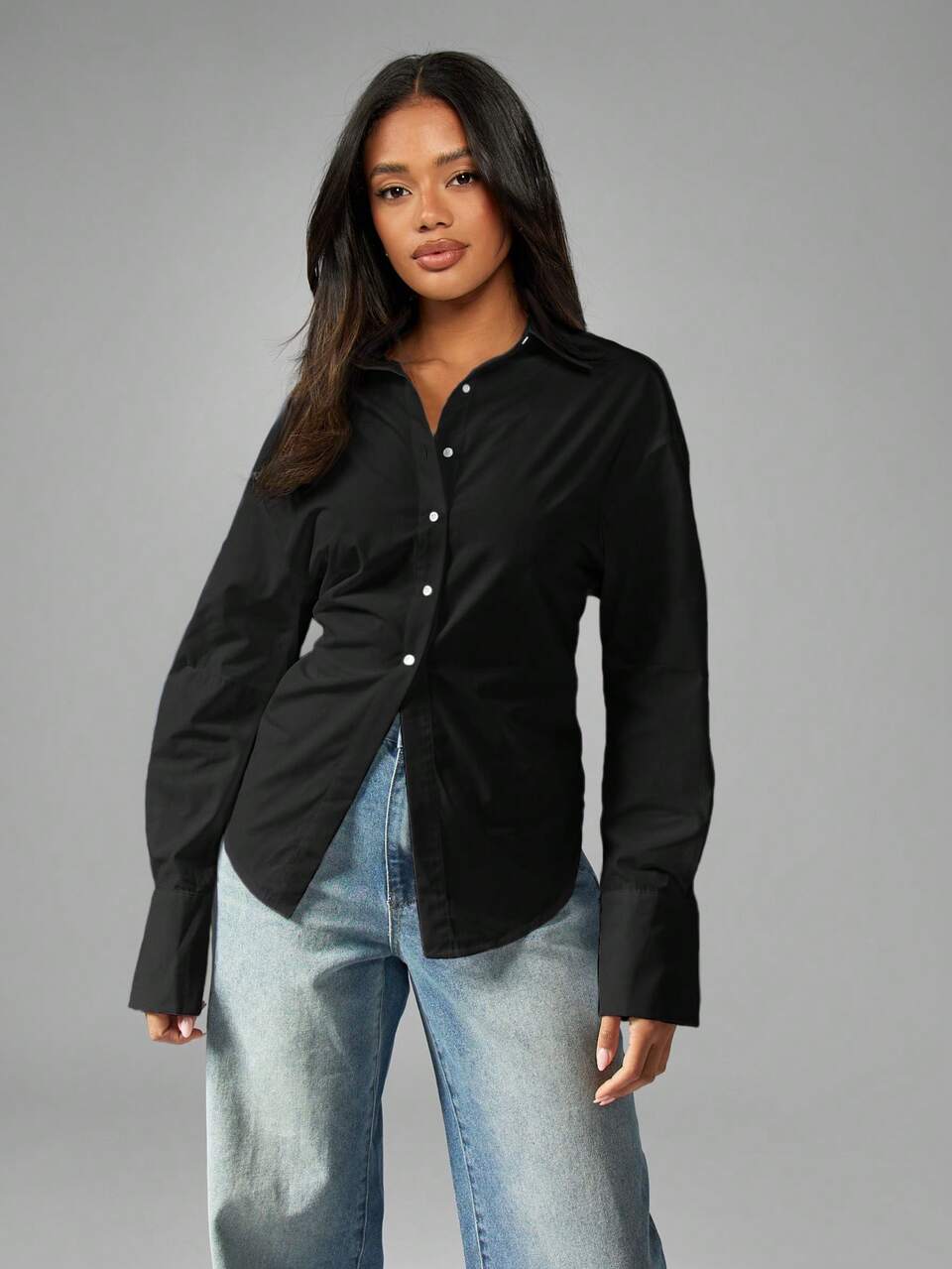 MISSGUIDED Long Sleeve Button Down Cotton Shirt Business Professional Office Work Wear Collared Blouse