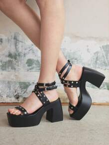 Sugerpunk Women's Fashion Punk Rock Metal Buckle High Heel Wedge Platform Sexy Waterproof Open Toe Party Sandals - Black - View 3