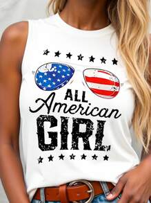 SHEIN LUNE Áo ba lỗ in chữ ngày 4 tháng 7 cỡ lớn dành cho nữ, mùa hè - trắng - Xem 1