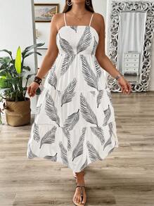 SHEIN Clasi Plus Size Holiday Style Leaf Printed Pleated Cami Dress Maxi Women Outfit - White - View 3