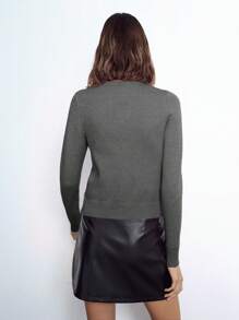Maija Women's Elegant Solid Gray Round Neck Long Sleeve Button-Front Minimalist Knit Cardigan, Made Of Fine Fabric, Lightweight And Comfortable, Classic Ribbed Design And 3D Buttons Add Texture. Simple And Versatile Fit, Suitable For Daily Commute, Office, Business Casual, Teaching And Formal Occasions - Dark Grey - View 5
