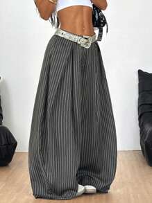 Coolane Women's Summer Streetwear Y2K Vintage Casual Hippie  Striped Oversized Low Rise Grey Banana Pants - Dark Grey - View 4