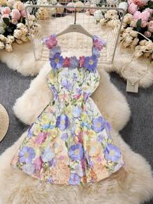 Franclia 女式海滩度假无袖束腰刺绣3D花卉迷你连衣裙 - 彩色 - 查看 5