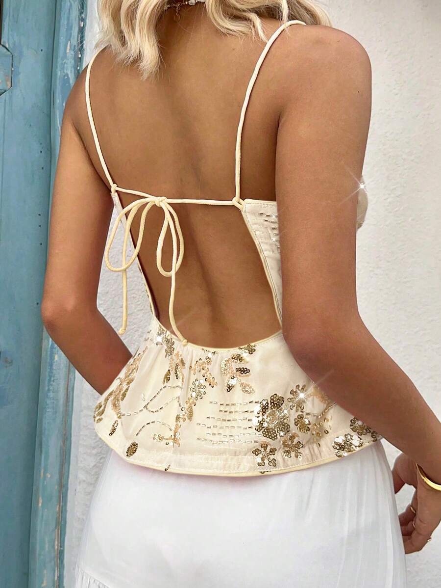 SHEIN EZwear Damen Sommer Perlen Rückenfrei Trägerhemd, geeignet für Urlaubsmode