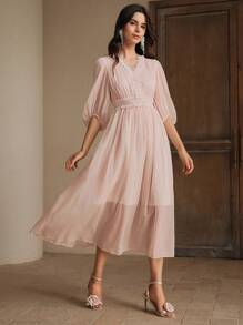 Anewsta 优雅蕾丝边V领大气优雅女装 - 粉色 - 查看 6