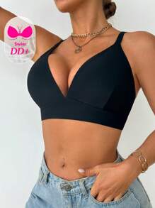 Swim DD+ 女士夏季海滩纯色性感 DD+ 无钢圈比基尼上衣 - 黑色 - 查看 5