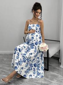 SHEIN 孕妇无袖蝴蝶印花连衣裙，适合户外活动、派对、毕业典礼、舞会和节日，春夏季 - 藍白色 - 查看 5