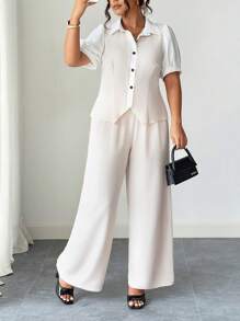 Elenzga Bộ quần áo công sở thanh lịch cỡ lớn, mùa hè - Màu Khaki - Xem 3