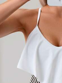 Swim Lushoire Women's Summer Beach Striped Patchwork Ruffle Hem Tankini Swimsuit Set - Black and White - View 4