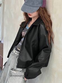 DAZY Teen Girls PU Casual Street Long Sleeve Jacket, Korean Padded Coat Winter Leather Jacket - Black - View 5