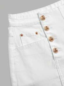 SHEIN MOD Women's Elegant Chic Palace Style White Loose A-Line Gold Button Denim Shorts - White - View 3