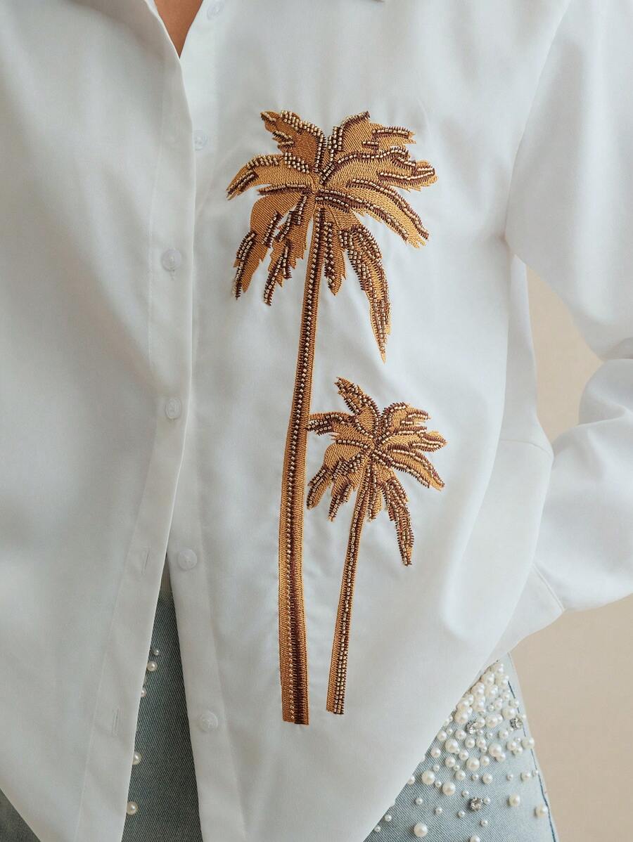 Anewsta Solid Color 3D Pearl Embroidered Coconut Tree Long Sleeve Shirt