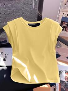 SHEIN Clasi 优雅纯色蝴蝶结装饰镂空T恤，夏季 - 黃色 - 查看 2