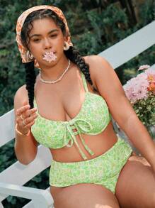 Swim Mod Plus Size Women Floral Spaghetti Strap Bikini Top For Summer Beach Vacation - Green - View 5