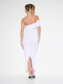 KIZN Einschultrig Bardot geraffte Abendkleid Mesh Maxikleid formelle Hochzeitsgast Gelegenheit Party bodenlang Kleid