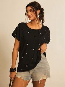 SHEIN VCAY Camiseta holgada con estampado de corazón en estilo bohemio y casual para talla grande, sencilla y de moda para uso diario en verano