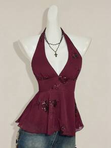 SHEIN ICON 女士时尚休闲露背串珠挂脖背心 - 酒紅色 - 查看 5