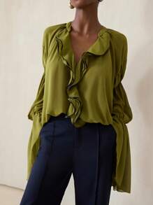 Aveloria Modichic Olive Green Blouse With V-Neck, Ruffle Trim And Lotus Sleeve Cuffs, Elegant Artistic Style & Art Casual For Autumn Walks And Cafe Chats Fall Cloth For Women - Multicolor - View 1
