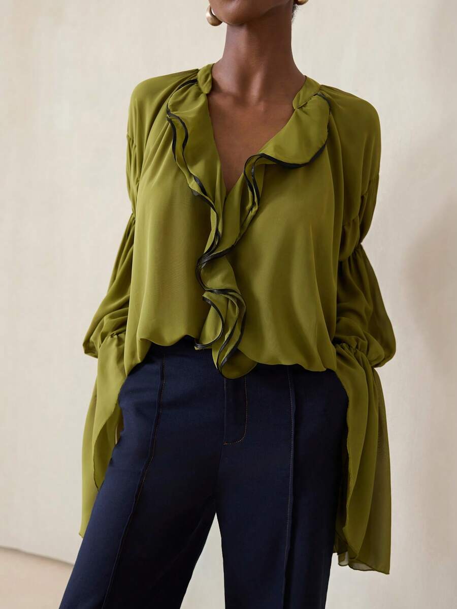 Aveloria Modichic Olive Green Blouse With V-Neck, Ruffle Trim And Lotus Sleeve Cuffs, Elegant Artistic Style & Art Casual For Autumn Walks And Cafe Chats Fall Cloth For Women - Multicolor - View 1