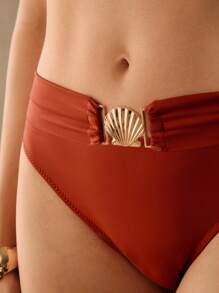 Elaire Women Summer Beach Solid Color Metal Decor Sexy Bikini Bottom - Mocha Brown - View 3