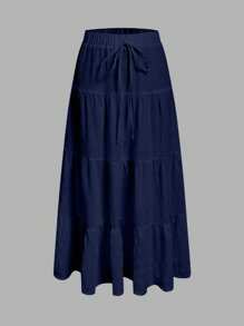 SHEIN EZwear Navy Blue Women Casual Vacation Multi-Layered Ruffle Skirt, Suitable For Summer Suitable For Going Out - Navy Blue - View 1