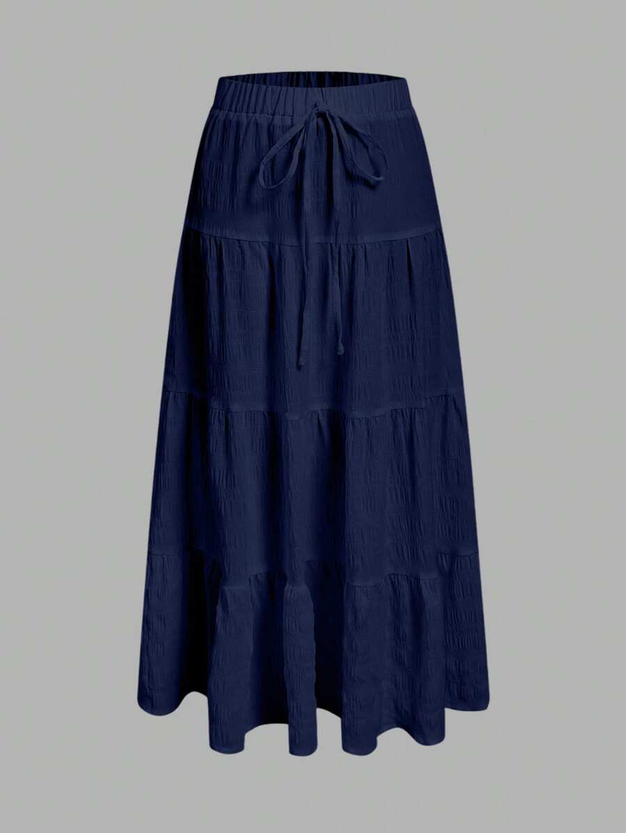 SHEIN EZwear Navy Blue Women Casual Vacation Multi-Layered Ruffle Skirt, Suitable For Summer Suitable For Going Out - Navy Blue - View 1