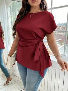 Reflora 1 件大码女式纯色蝙蝠袖系带侧结休闲衬衫，夏季