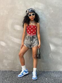 Coolane Kids 青少年女孩春夏街头服饰 Y2K 必备腰果花图案紧身衣抹胸上衣，返校季 - 紅色 - 查看 2