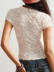 Bohemela 纯色针织蕾丝短袖V领修身女式上衣 - 杏色 - 查看 3