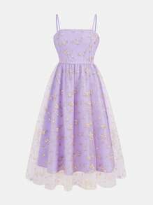 SHEIN Leap Crew Tween Girl Elegant Floral Embroidery Splicing Mesh Cami Midi Dress - Mauve Purple - View 5