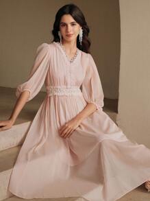 Anewsta 优雅蕾丝边V领大气优雅女装 - 粉色 - 查看 3