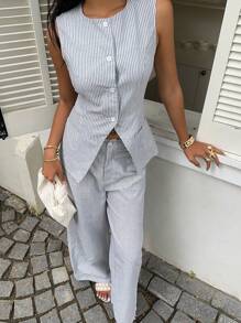 SHEIN EZwear 女士通勤条纹背心套装两件套日常装夏季女装2件套女商务休闲女舒适田园教师装夏季办公室装女秋冬 - 彩色 - 查看 5