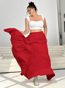 SHEIN EZwear 情人节大码女款红色褶皱半身裙