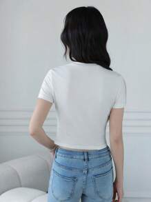 SHEIN EZwear 女士短袖休闲修身弹力 T 恤配蝴蝶结 - 白色