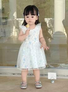 Dazy Kids Baby Mädchen V-Ausschnitt Kleid mit Blumen-Muster, Mesh-Patchwork, mittellange Länge, für Geburtstagsfeiern und formelle Anlässe