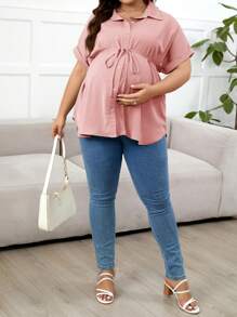 SHEIN Plus Size Pregnant Women Solid Color Front Button Casual Short Sleeve Top For Summer