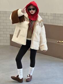 DAZY 青少年（女孩）韩版撞色羊毛拼布休闲棉服冬季外套 - 彩色 - 查看 3