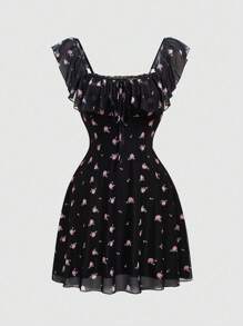 Sweetra Vestido casual de verano de línea A con cuello cuadrado fruncido y costura para mujer de talla grande