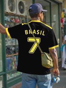 Manfinity Dauomo Brazil 7 Letter & Number Print Short Sleeve Casual T-Shirt For Men - Black - View 3