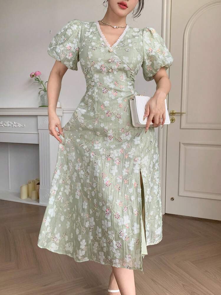 Women's Floral Print V-Neck Short Puff Sleeve Pearl Button Textured Midi Vacation Dress Boho