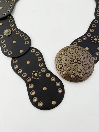 Grunge Punk 1 pieza Cinturón negro con decoración de piedra con apariencia de turquesa en estilo bohemio y occidental para mujer, accesorio versátil para vestidos, jeans o uso diario
