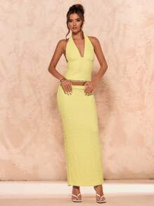 SHEIN BAE 女式黄色露背纹理短款上衣和低腰直筒下摆半身裙，夏季 - 黃色 - 查看 4