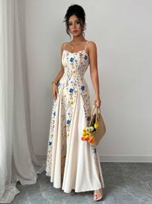Elenzga Floral Print Patchwork Sleeveless Dress Floral Formal Dress Long Dress Summer Garden Party Formal Dress Sundress Long Fashionable Dresses