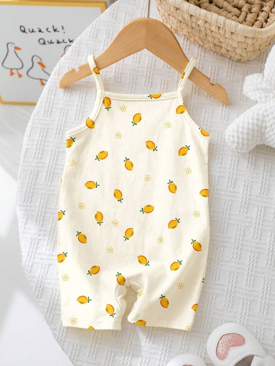 SHEIN Pelele informal para bebé niña con estampado de frutas pequeñas, limones y flores, en color amarillo crema, adecuado para vacaciones de primavera/verano
