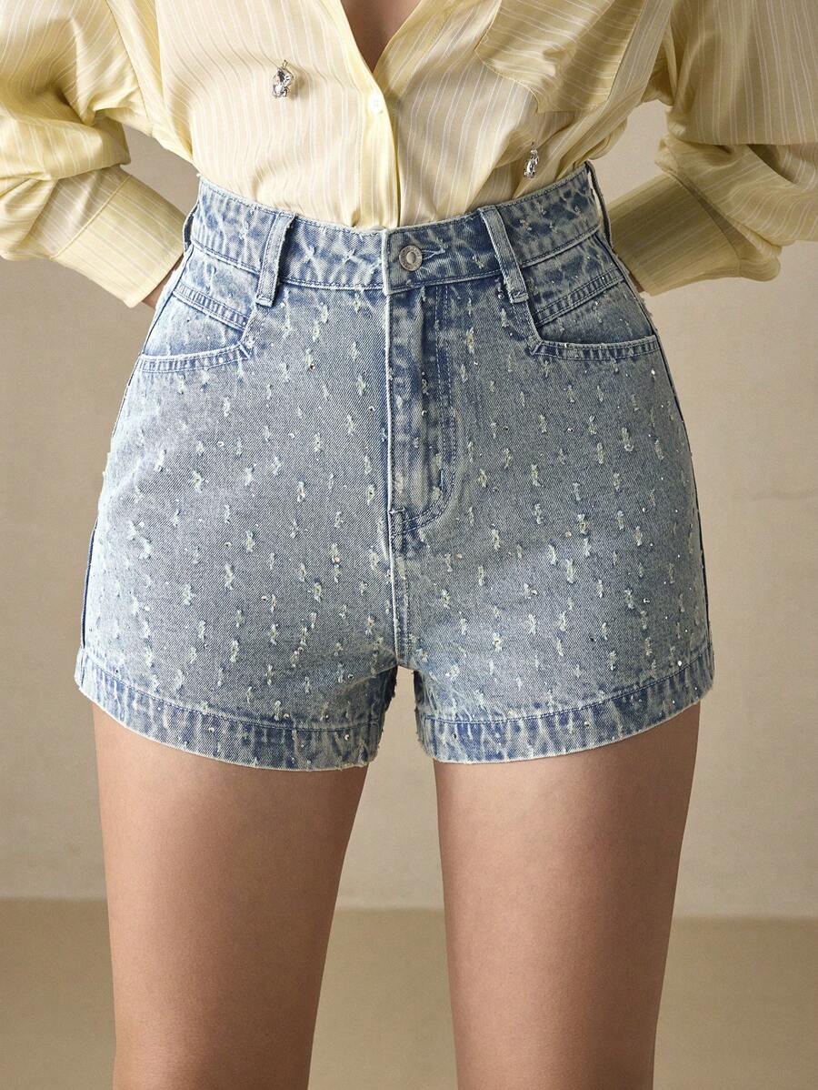 SHEIN BAE Damen Skinny Lässig Jeans-Shorts mit Taschen - Blau - Übersicht 1
