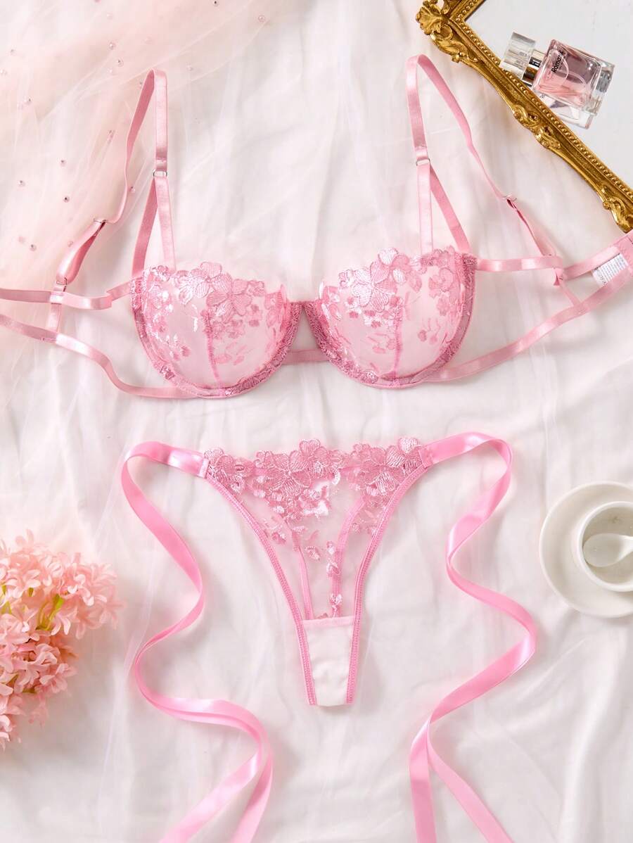 SHEIN Bộ 2 chiếc/Bộ đồ lót ren thêu màu xanh da trời gợi cảm cho nữ - Hồng - Xem 1