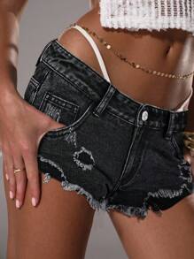 TRNVIE Casual Distressed Low-Waist Denim Shorts - Black - View 5