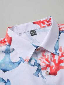 Manfinity RSRT 2件套男士Anchor & Coral休闲度假短袖衬衫和短裤套装。男士花卉Anchor Coral热带夏威夷风情服装。送给男朋友或丈夫的绝佳礼物。舒适的装扮 - 紅色 - 查看 4