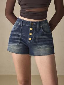 SHEIN BAE 女士夏季休闲水洗牛仔短裤 - 藍色 - 查看 8